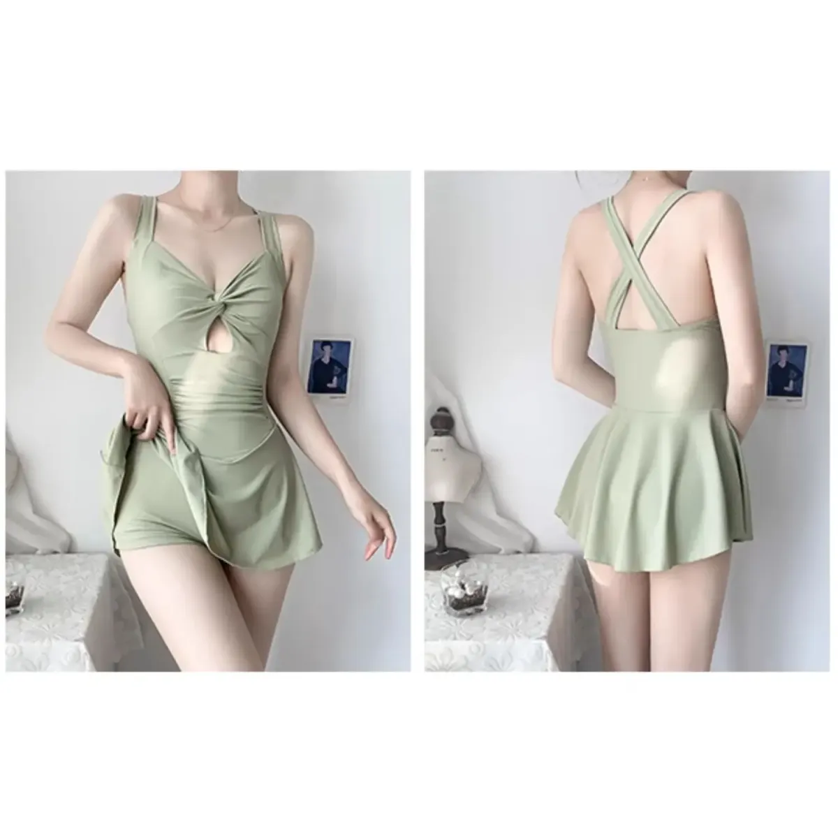 Pleated Cutout Swimsuit Dress – Korean Sexy Summer 2025 Swimwear