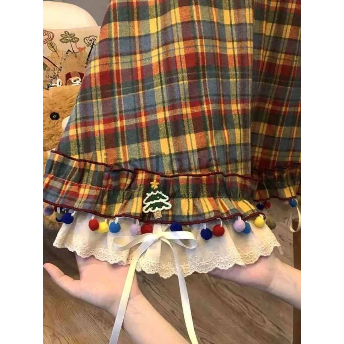 Plaid A-Line Skirt – Vintage Mori Girl Lace Trim Midi