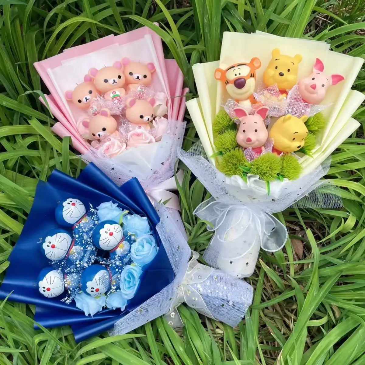 Kawaii Cartoon Vinyl Doll Bouquet – Stitch, Pikachu, Rilakkuma Gift Set