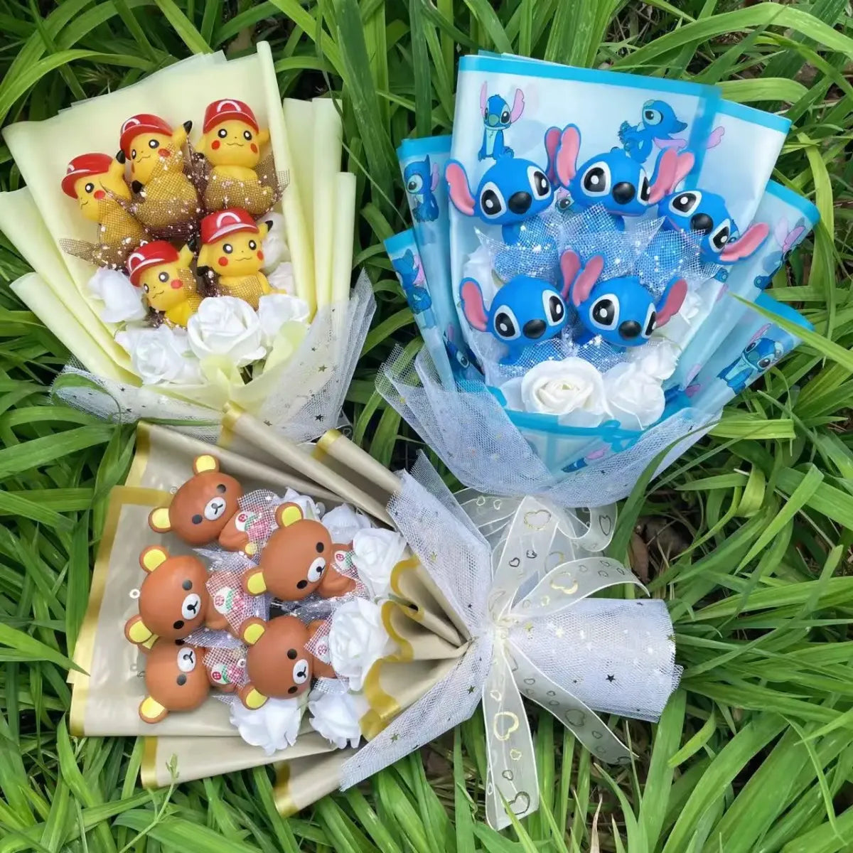 Kawaii Cartoon Vinyl Doll Bouquet – Stitch, Pikachu, Rilakkuma Gift Set