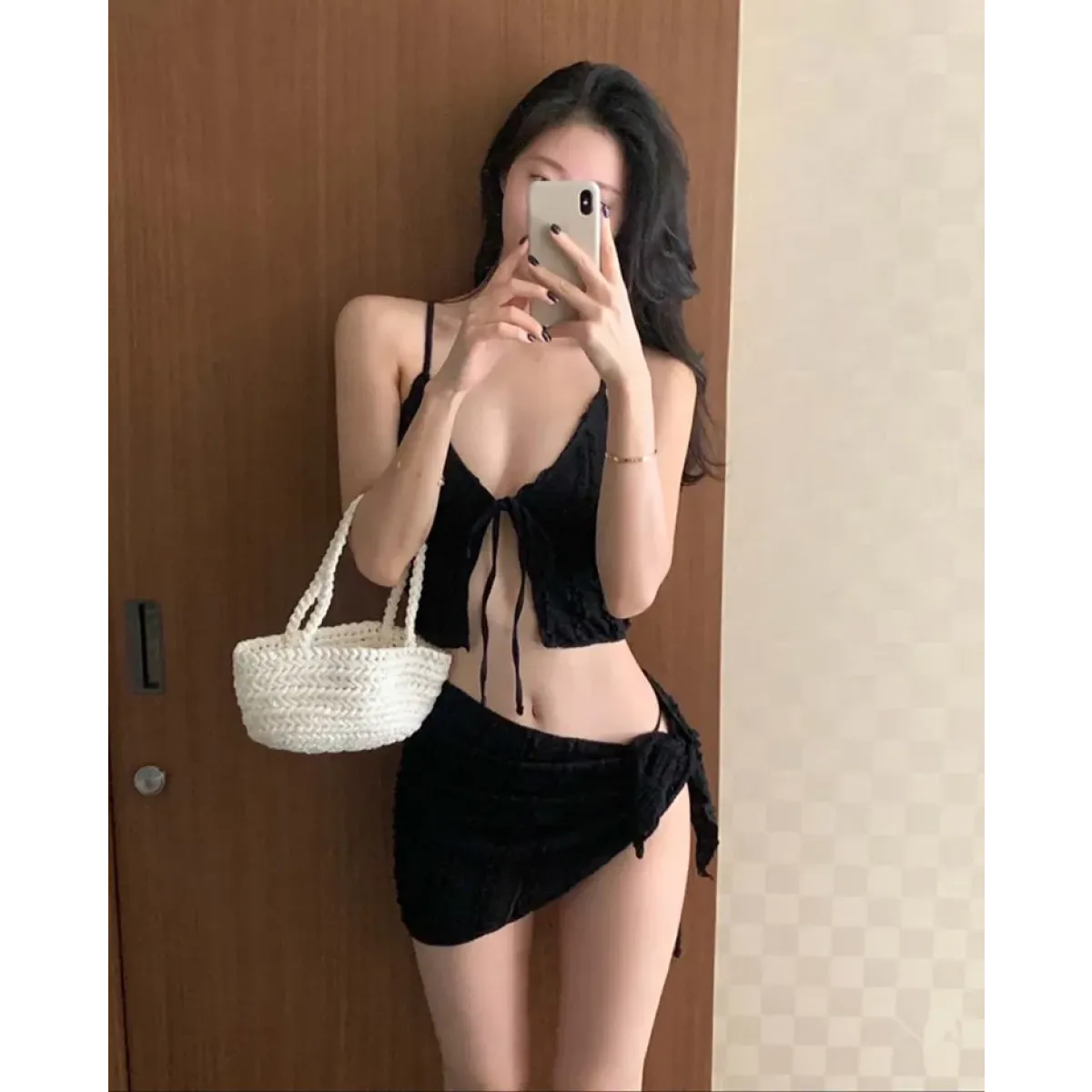 Lavender Low Cut Bikini Set – Halter Lace Up with Wrap Skirt Cover-Up