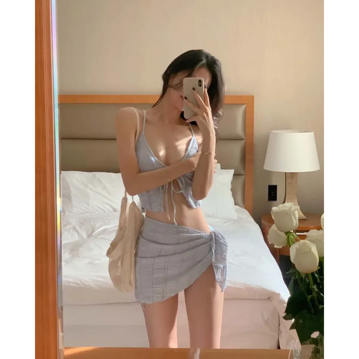 Lavender Low Cut Bikini Set – Halter Lace Up with Wrap Skirt Cover-Up