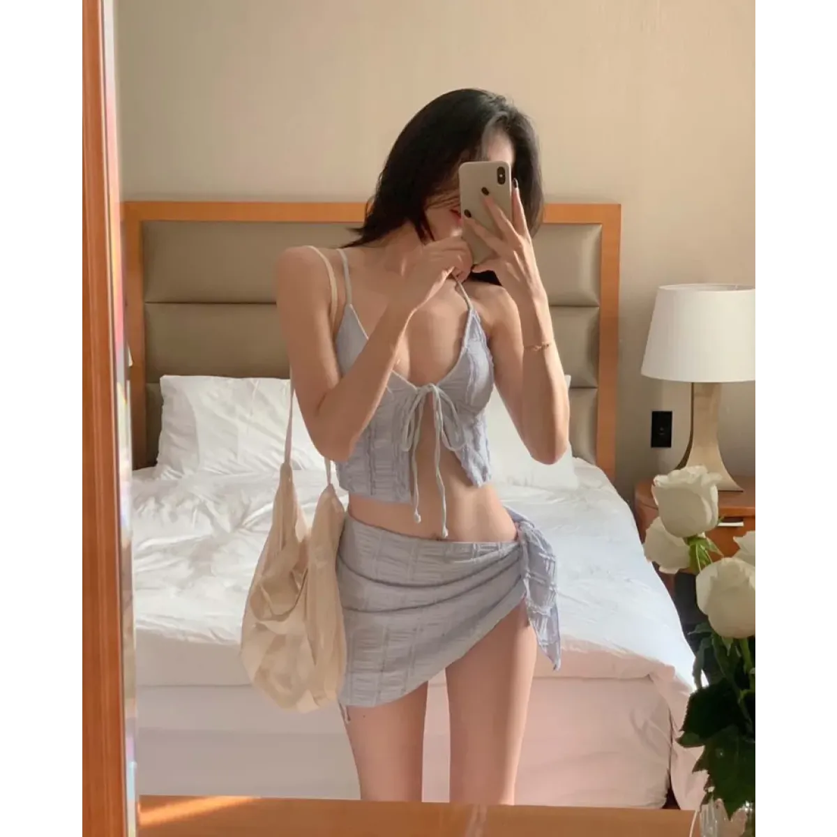 Lavender Low Cut Bikini Set – Halter Lace Up with Wrap Skirt Cover-Up