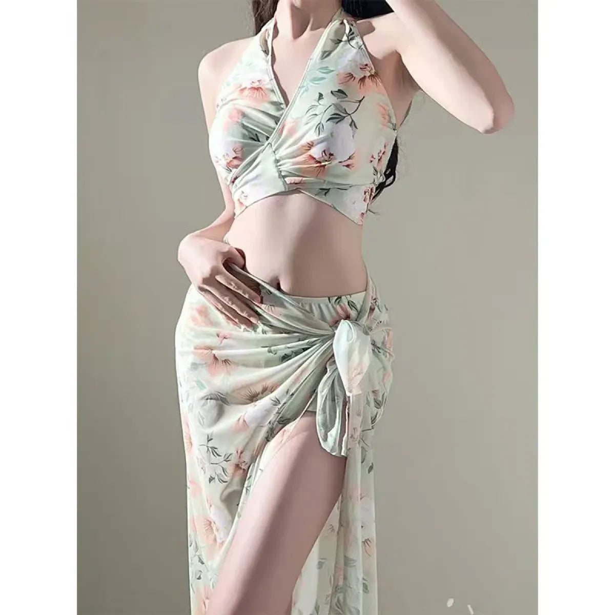 Floral Halter Bikini Set – Ruffled Mesh Wrap Skirt Swimwear