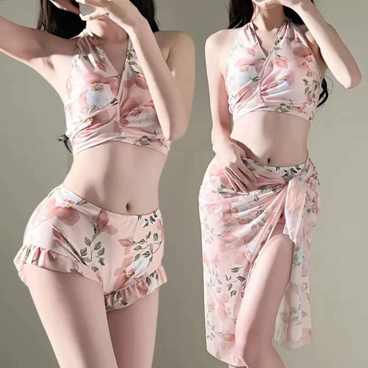 Floral Halter Bikini Set – Ruffled Mesh Wrap Skirt Swimwear