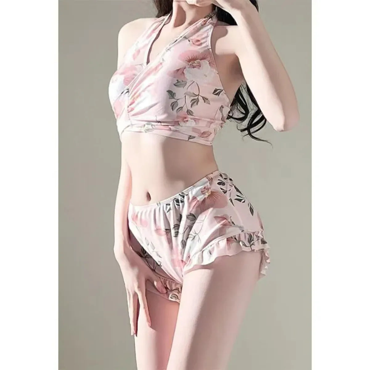 Floral Halter Bikini Set – Ruffled Mesh Wrap Skirt Swimwear