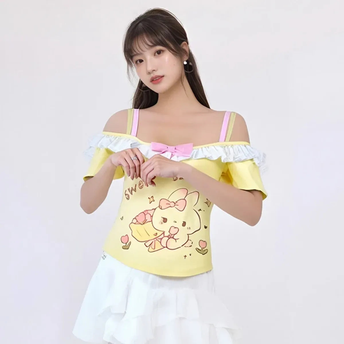 Kawaii Off-Shoulder Top – Ruffle Trim & Bunny Print