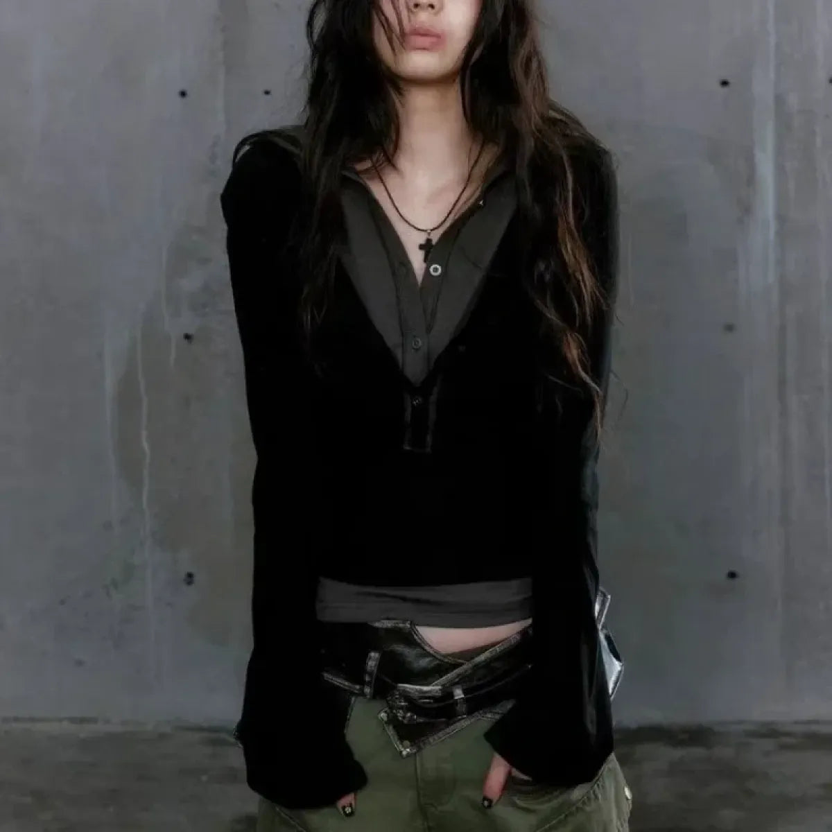 Patchwork Hooded Top – Y2K Cyber Grunge Slim Fit Knit Pullover