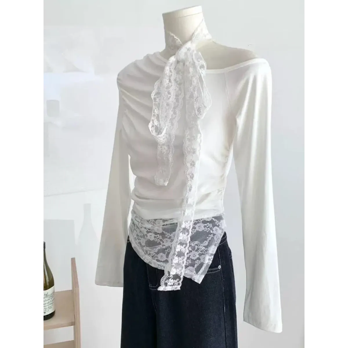 Lace Patchwork Off-Shoulder Top – Y2K Elegant Long Sleeve