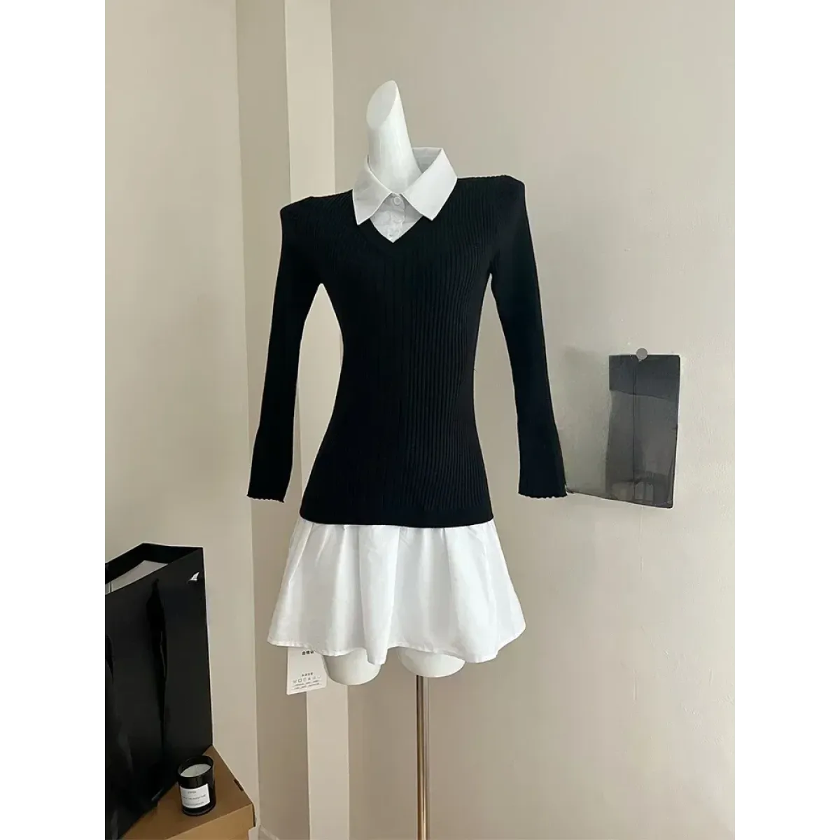 Preppy Knitted Mini Dress – Y2K Gyaru Fake Two-Piece