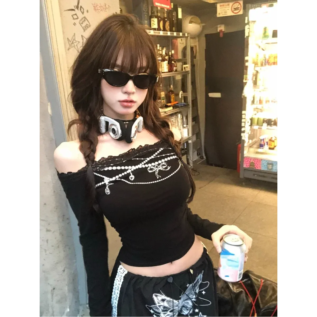 Lace Off-Shoulder Top – Y2K Harajuku E-Girl Aesthetic