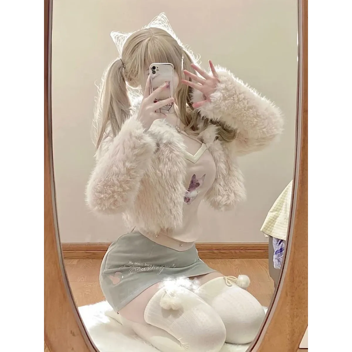 Kawaii Faux Fur Coat & Mini Skirt Set – Y2K Harajuku Outfit
