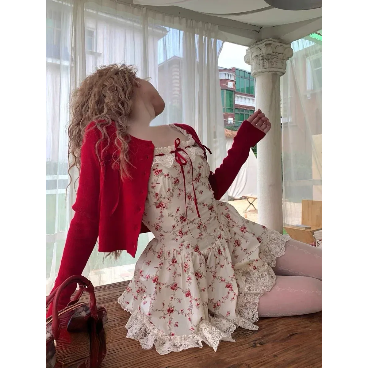Sweet Lolita Floral Lace Mini Dress Set – Y2K Red Cardigan Suit