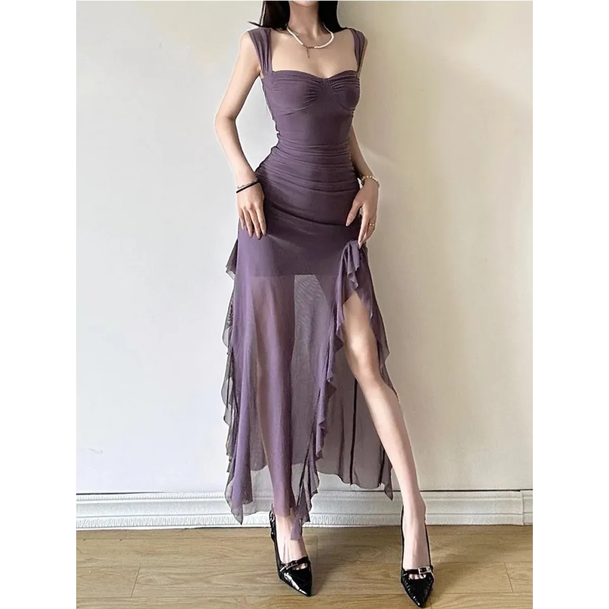 Sheer Mesh Ruffle Dress – Y2K Slim Fit High Slit Aesthetic