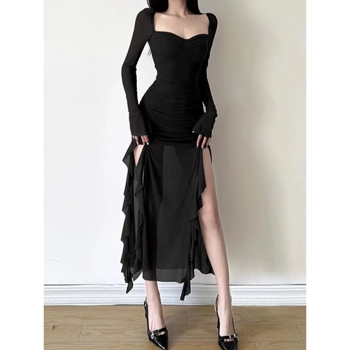 Sheer Mesh Ruffle Dress – Y2K Slim Fit High Slit Aesthetic