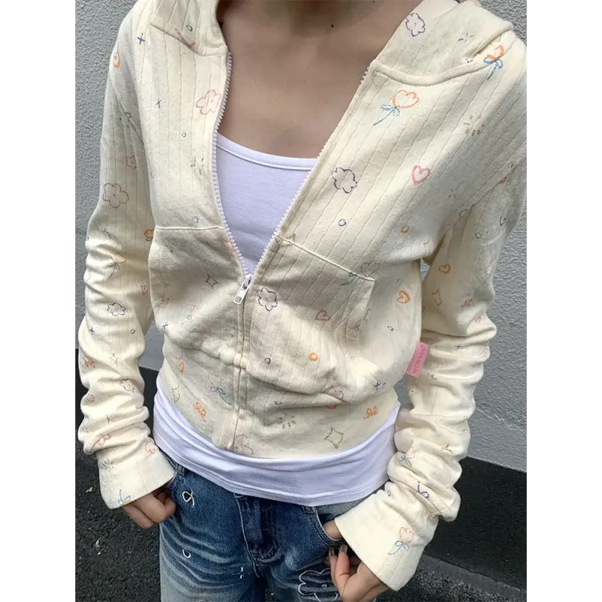 Sweet Floral Y2K Grunge Hoodie – Slim Fit Zipper Cardigan Jacket