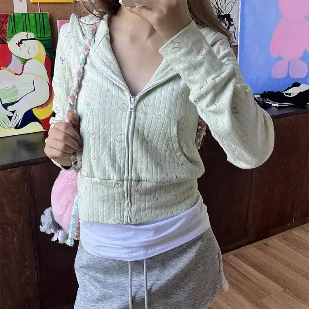 Sweet Floral Y2K Grunge Hoodie – Slim Fit Zipper Cardigan Jacket