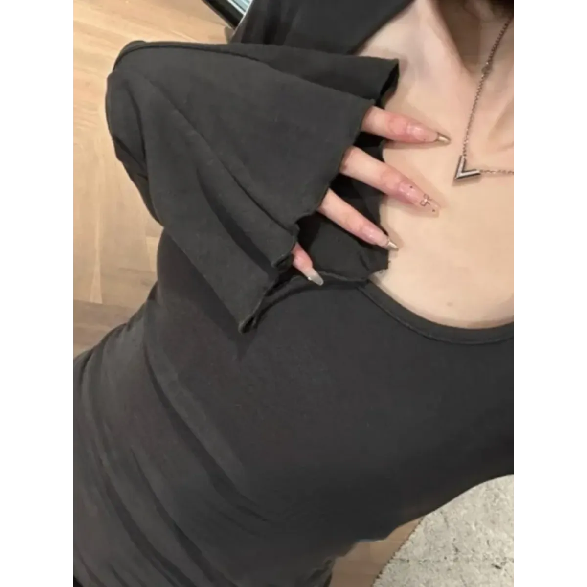 Square Neck Flare Sleeve Top – Y2K Sweet Vintage Slim Fit Tee