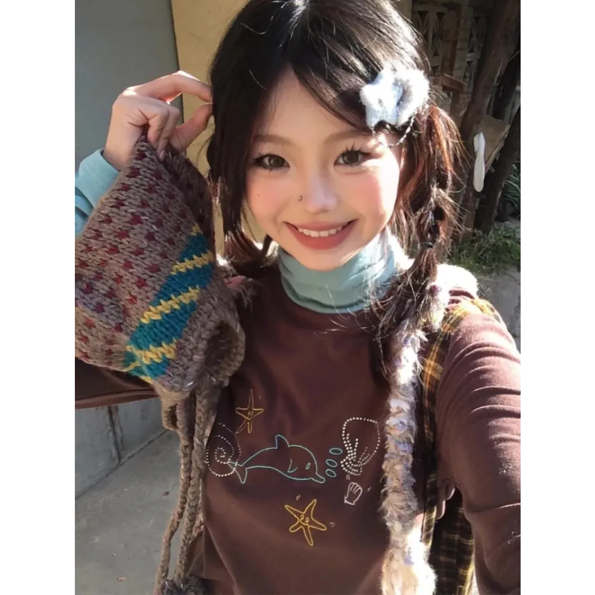 Ocean Print Layered Tee – Y2K Vintage Slim Fit Long Sleeve Top