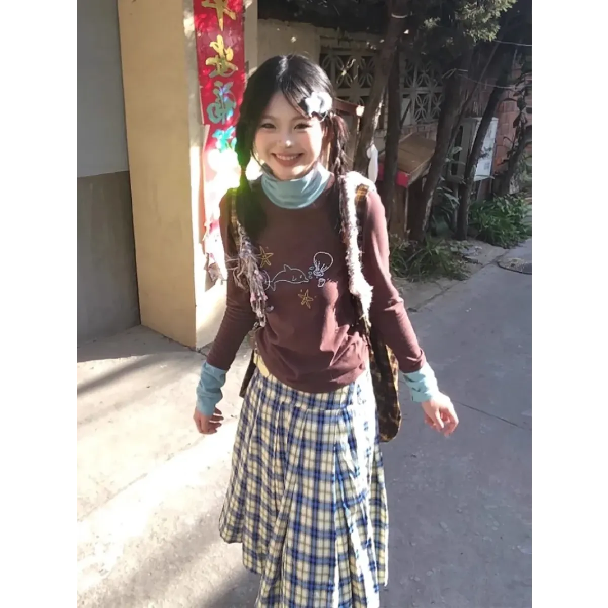 Ocean Print Layered Tee – Y2K Vintage Slim Fit Long Sleeve Top