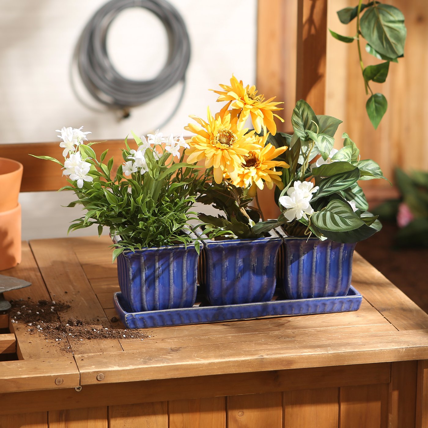 BLUE SQUARE CERAMIC SMALL PLANTER SET OF 3